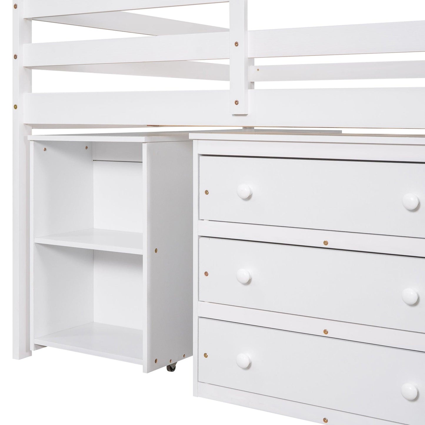 Low Study Full Loft Bed with Cabinet Shelves and Rolling Portable Desk Multiple Functions Bed- White - FurniFindUSA