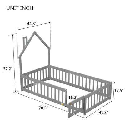 Twin House-Shaped Headboard Floor Bed with Fence Grey - FurniFindUSA