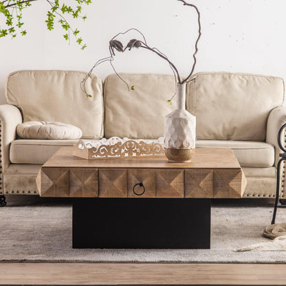 41.73"Three-dimensional Embossed Pattern Square Retro Coffee Table with 2 Drawers and MDF Base - FurniFindUSA