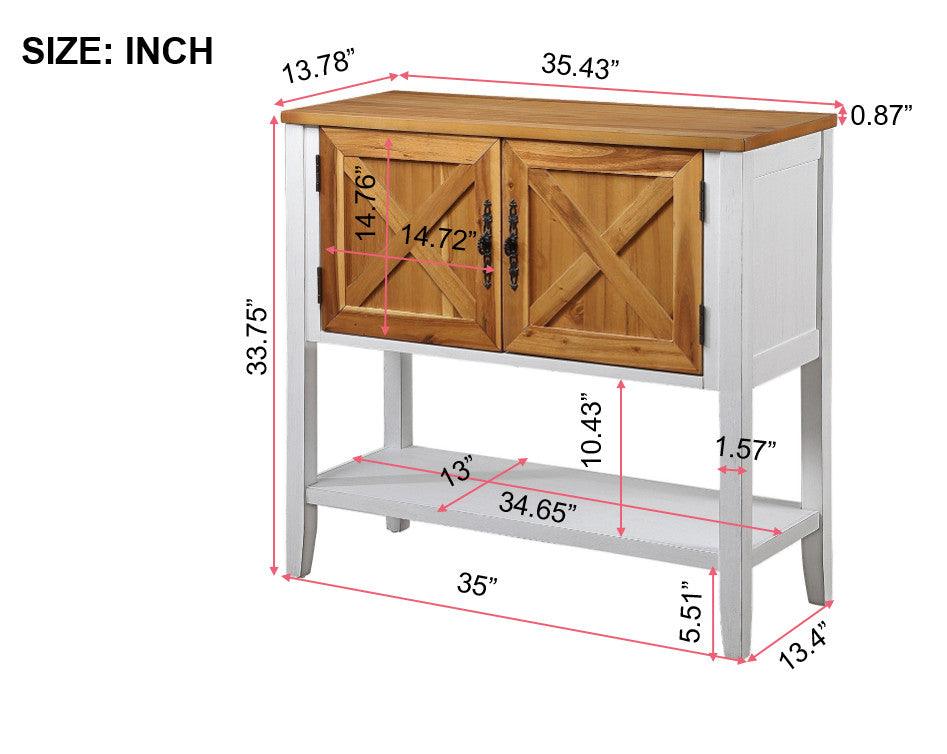 35''Farmhouse Wood Buffet Sideboard Console Table (Antique White + Natural Acacia Top & Door) - FurniFindUSA