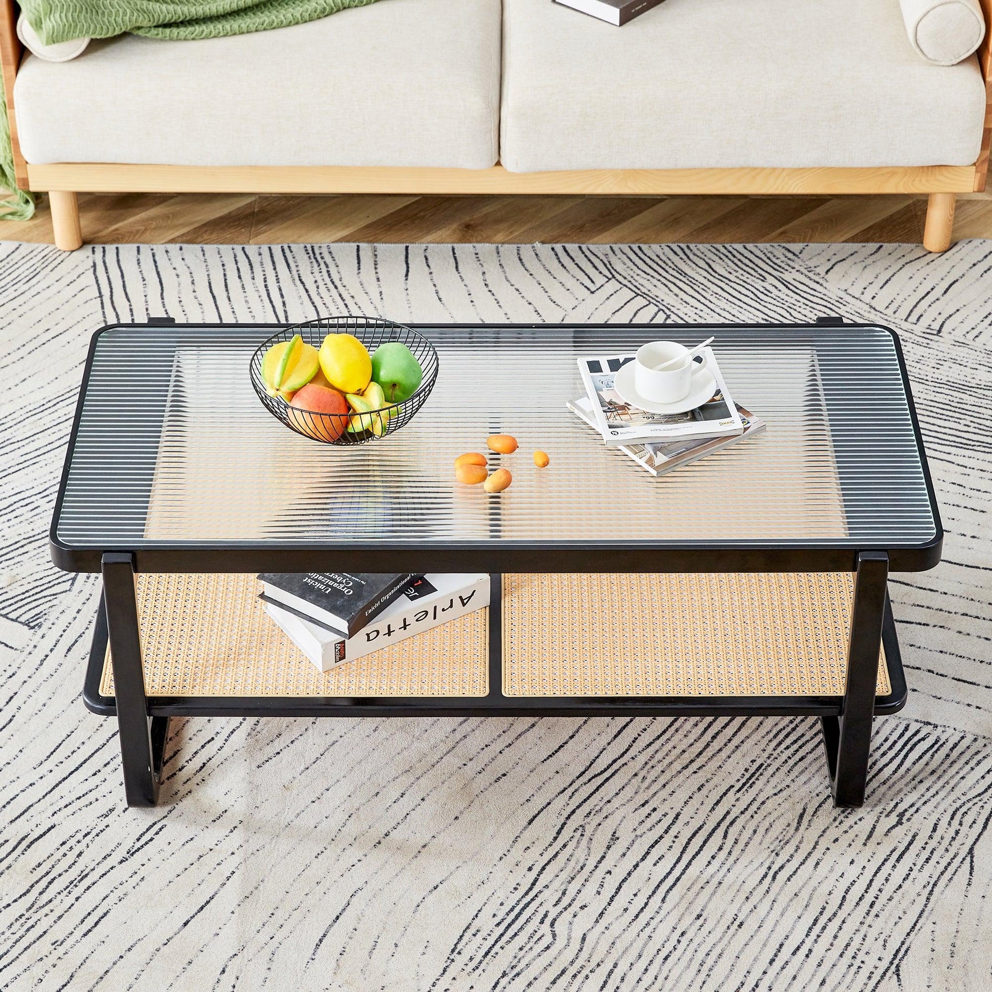 Modern minimalist rectangular double layer black solid wood imitation rattan coffee table - FurniFindUSA