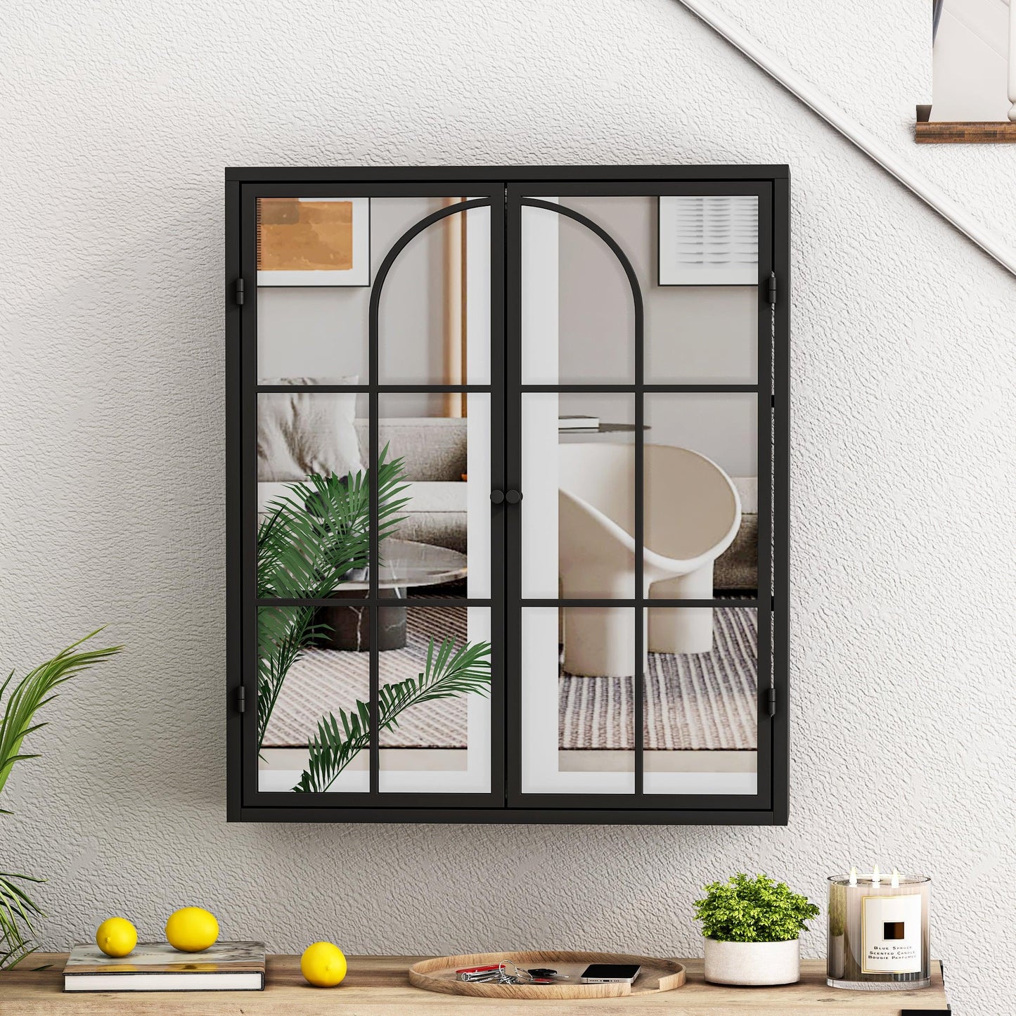 23.62 "Vintage Two Door Wall Cabinet with Mirror Three-level Entrance Storage Space Black - FurniFindUSA