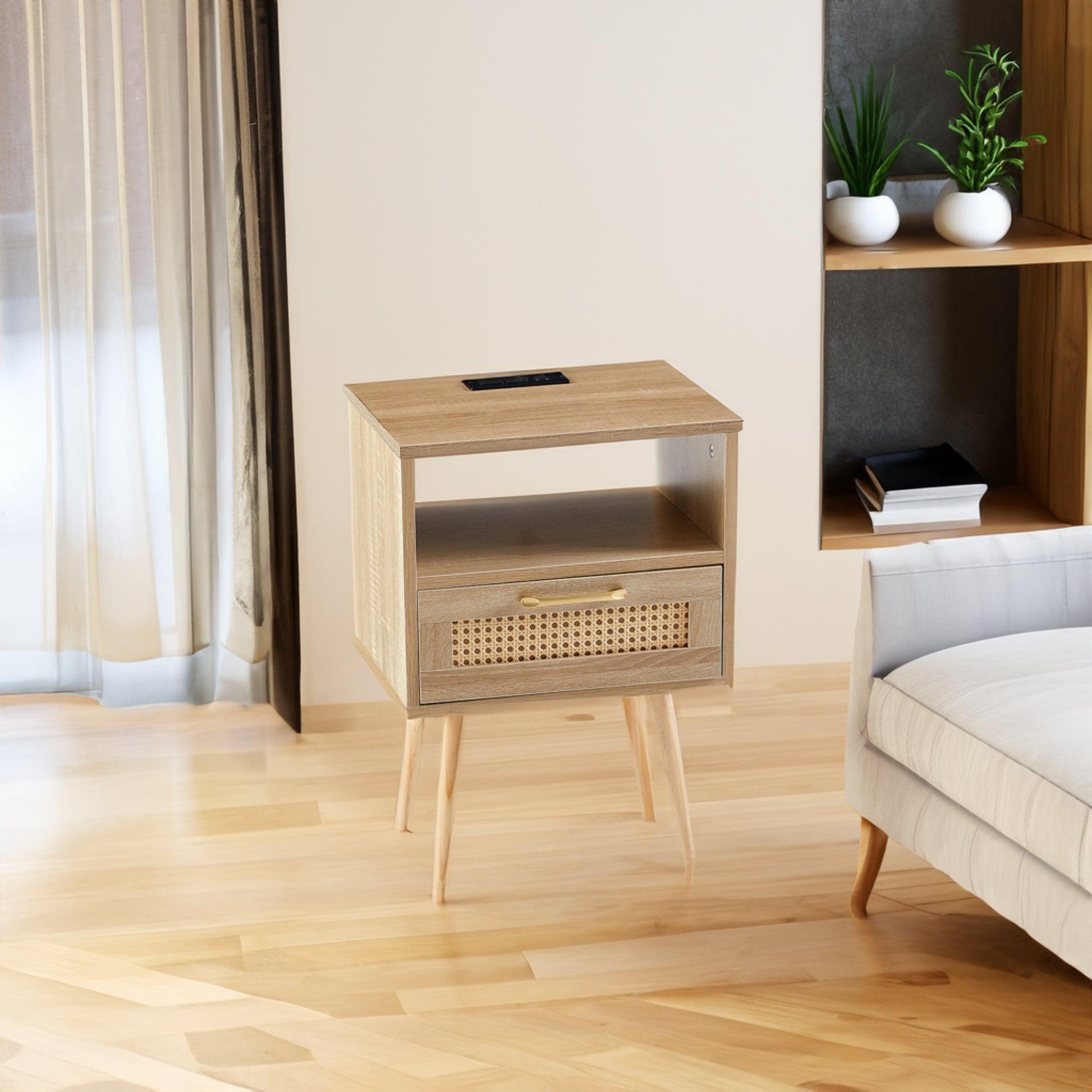 15.75" Rattan End table with Power Outlet & USB Ports Modern nightstand with drawer and solid wood legs - FurniFindUSA