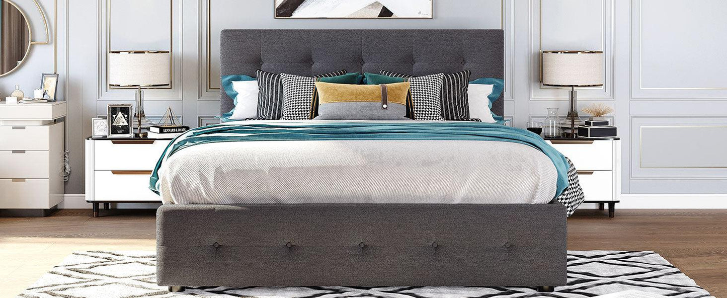 Upholstered Platform Bed with 2 Drawers and 1 Twin XL Trundle Linen Fabric Queen Size - Dark Gray - FurniFindUSA