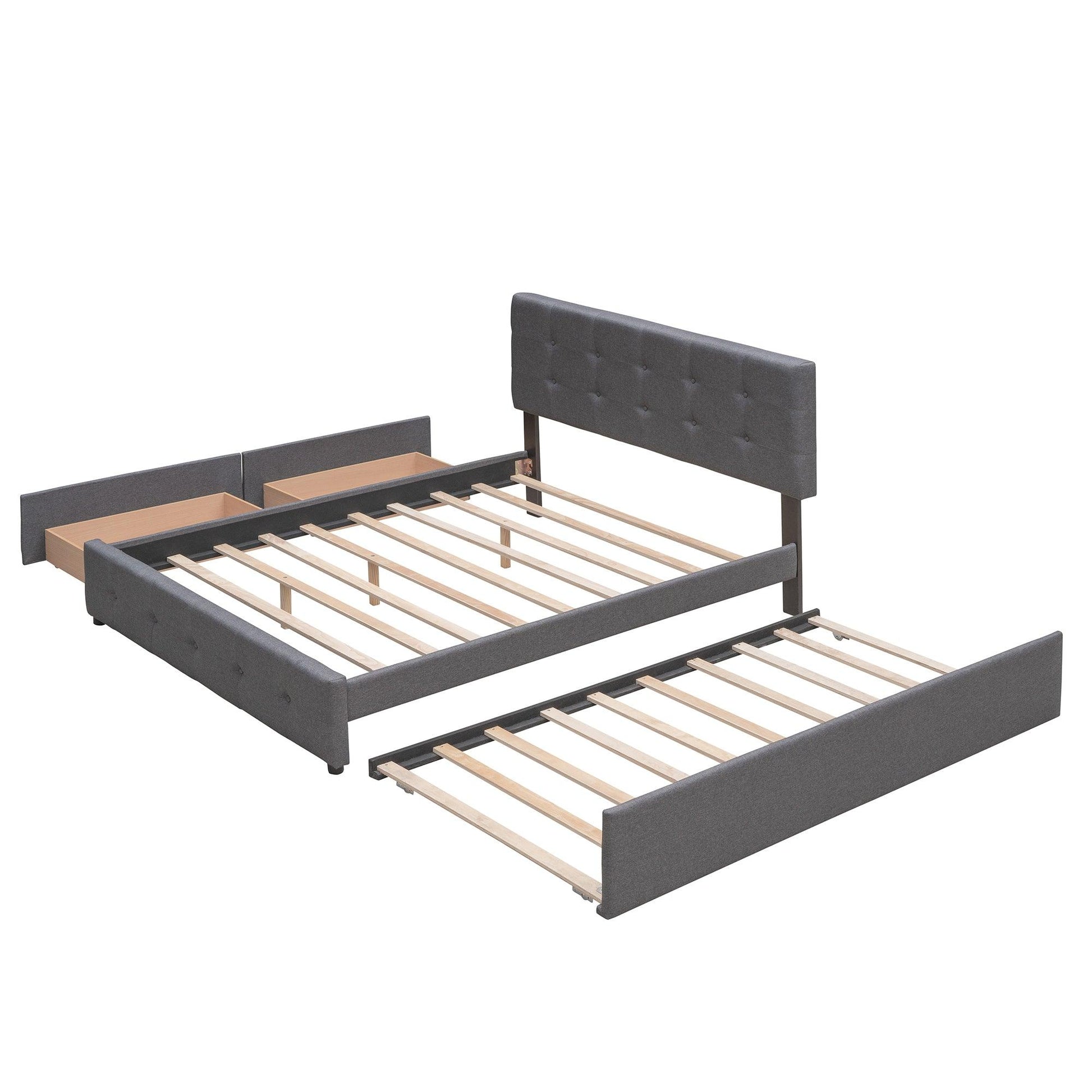 Upholstered Platform Bed with 2 Drawers and 1 Twin XL Trundle Linen Fabric Queen Size - Dark Gray - FurniFindUSA