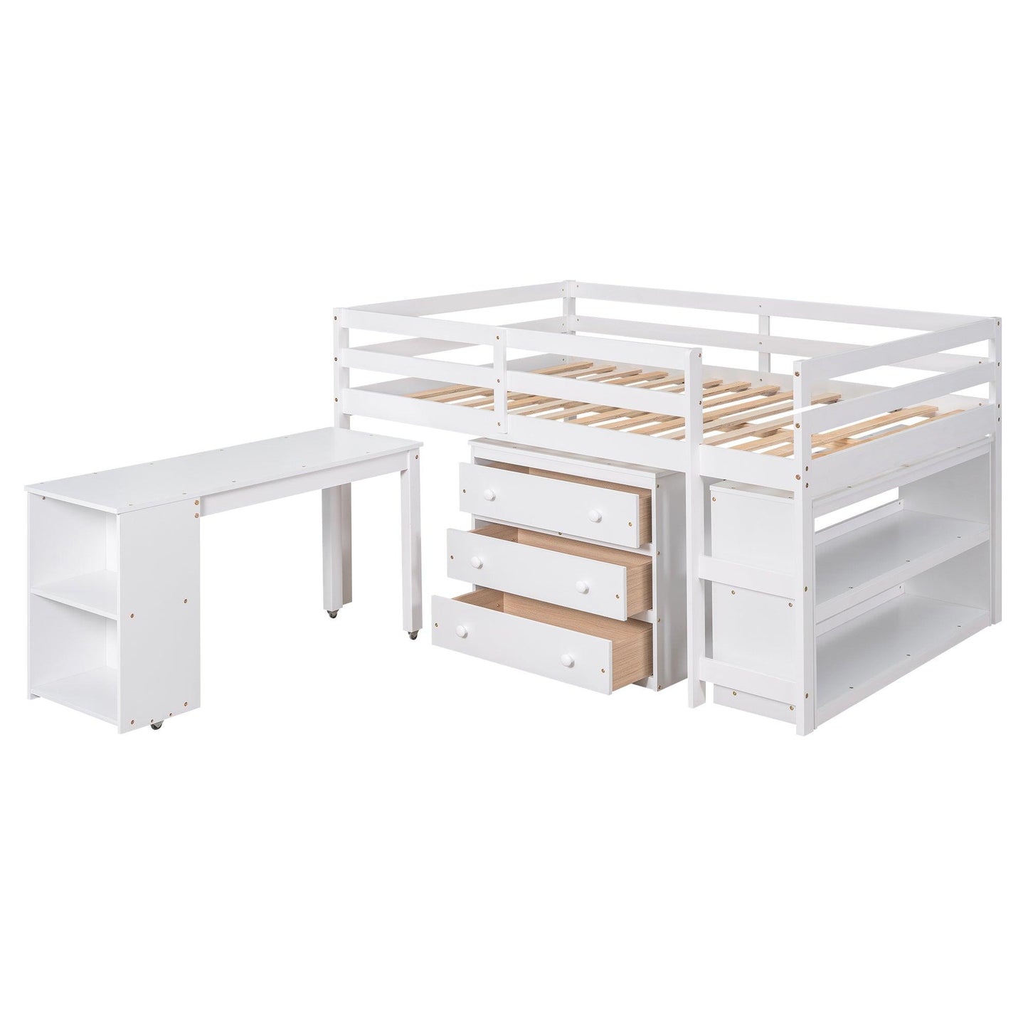 Low Study Full Loft Bed with Cabinet Shelves and Rolling Portable Desk Multiple Functions Bed- White - FurniFindUSA