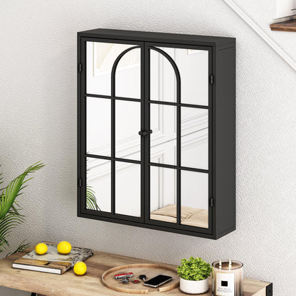 23.62 "Vintage Two Door Wall Cabinet with Mirror Three-level Entrance Storage Space Black - FurniFindUSA