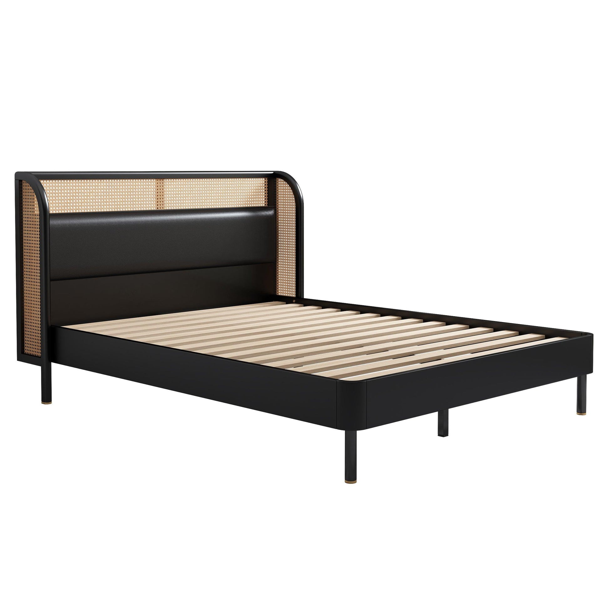 Modern Cannage Rattan Wood Platform Queen Bed Black - FurniFindUSA