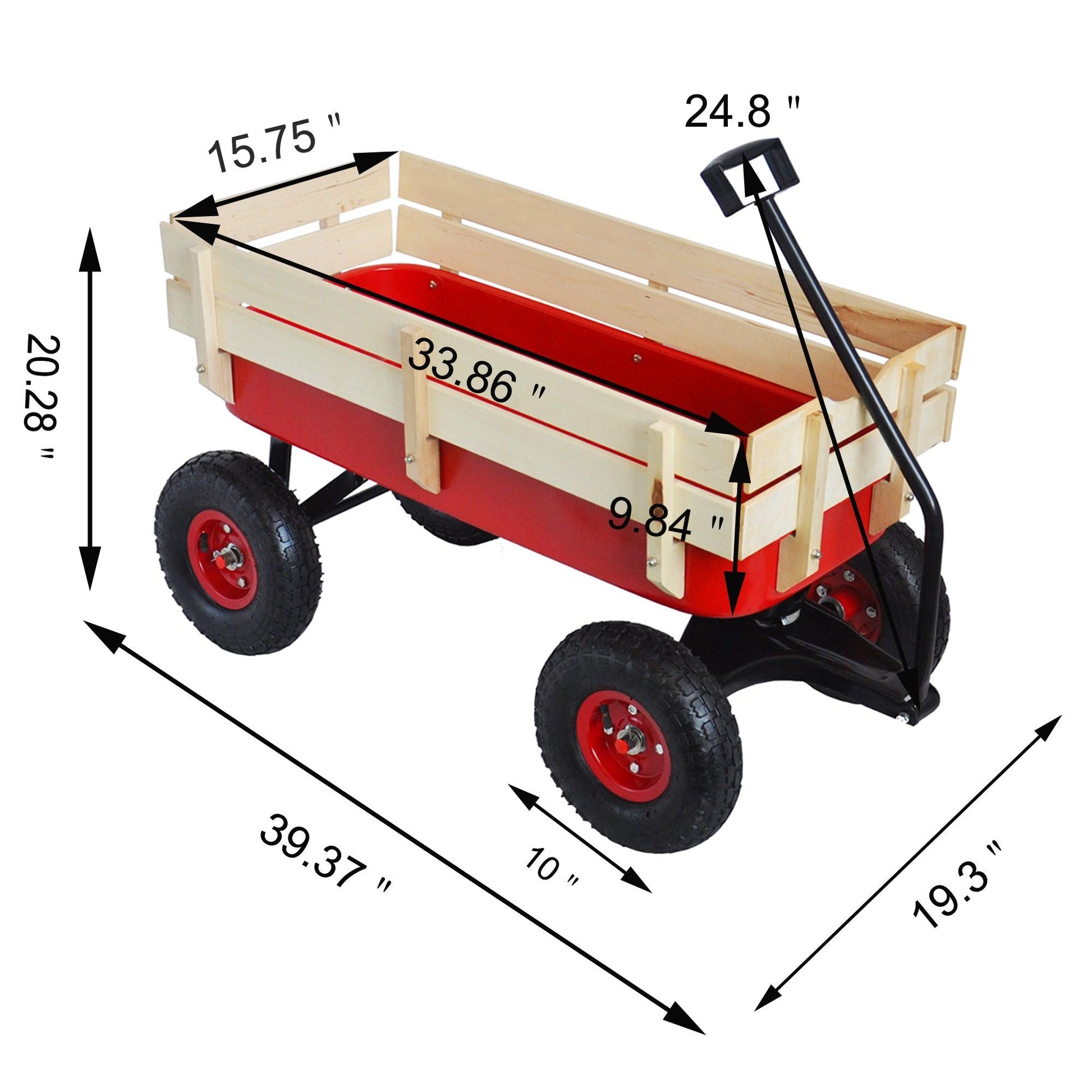 Outdoor Wagon All Terrain Pulling w/Wood Railing Air Tires Children Kid Garden（Red） - FurniFindUSA