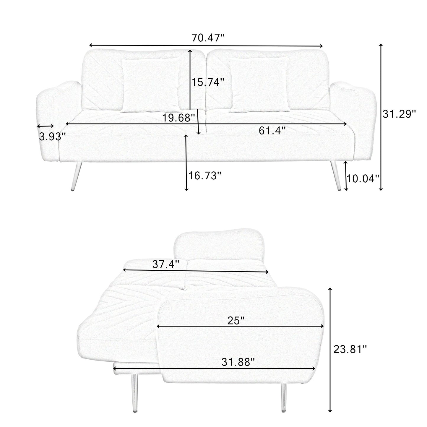 70.47" Gray Fabric Double Sofa with Split Backrest and Two Throw Pillows - FurniFindUSA