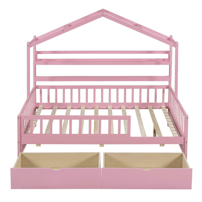 Wooden Full Size House Bed with 2 Drawers Kids Bed with Storage Shelf Pink - FurniFindUSA