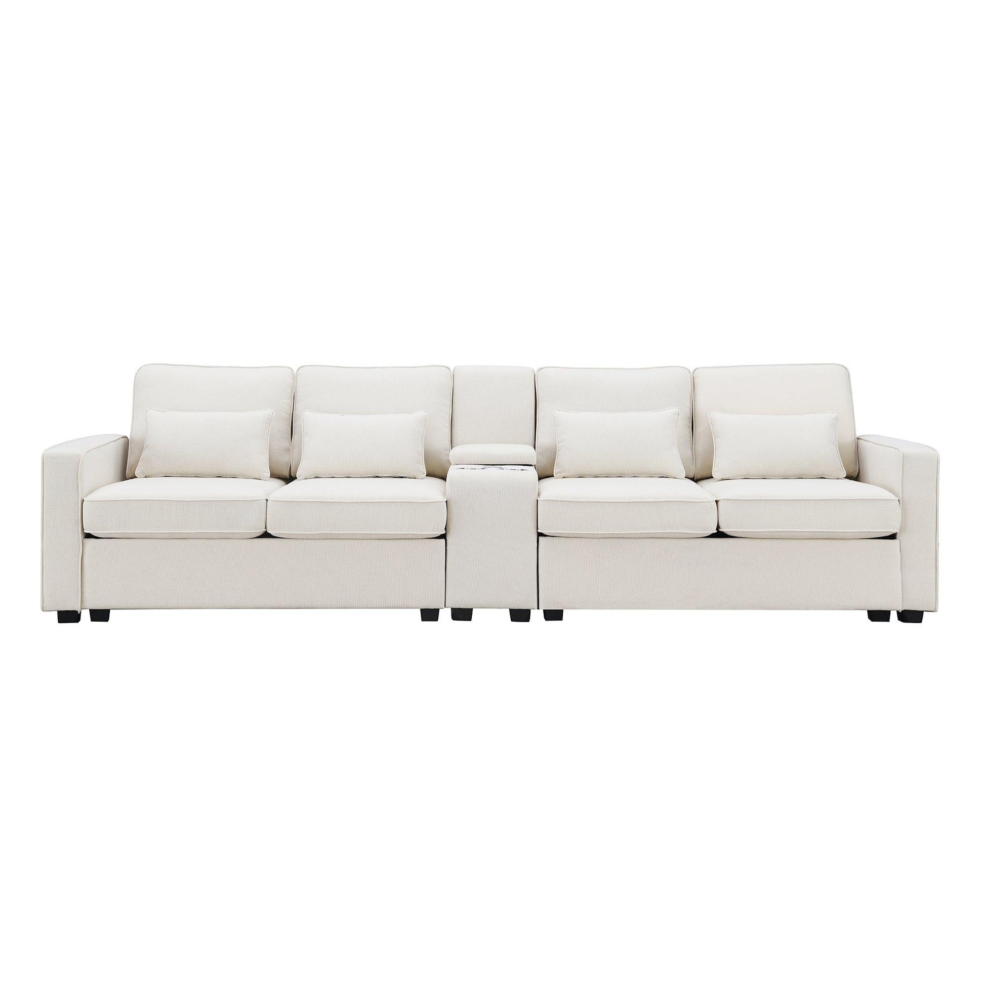 114.2" Upholstered Sofa with Console 2 Cupholders and 2 USB Ports Wired or Wirelessly Charged (4-Seat) - FurniFindUSA
