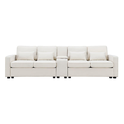 114.2" Upholstered Sofa with Console 2 Cupholders and 2 USB Ports Wired or Wirelessly Charged (4-Seat) - FurniFindUSA