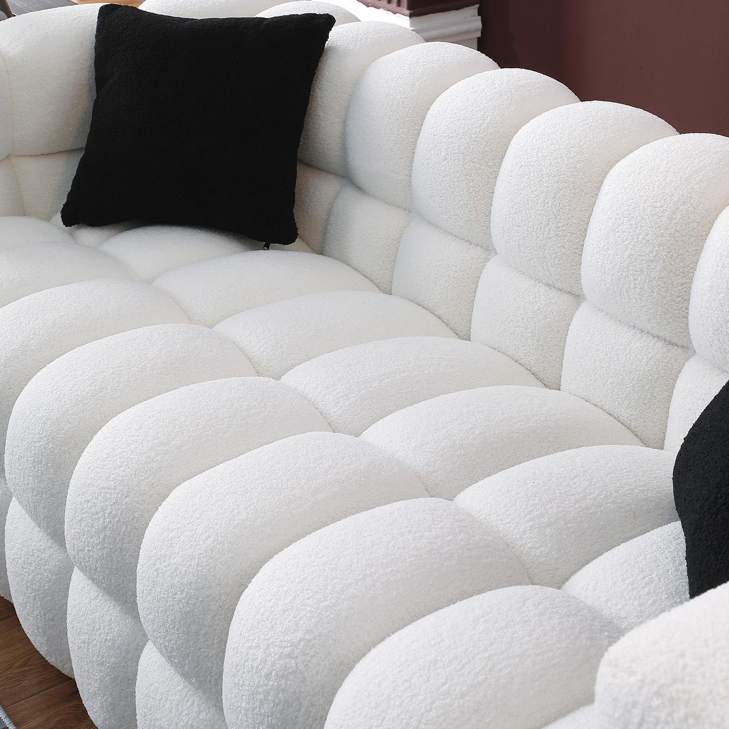 84.3 length ,35.83" deepth ,human body structure for USA people, marshmallow sofa,boucle sofa ,3 seater