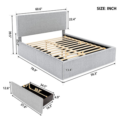 Upholstered Platform Bed with 4 Drawers and White Edge on the Headboard & Footboard, Gray - FurniFindUSA