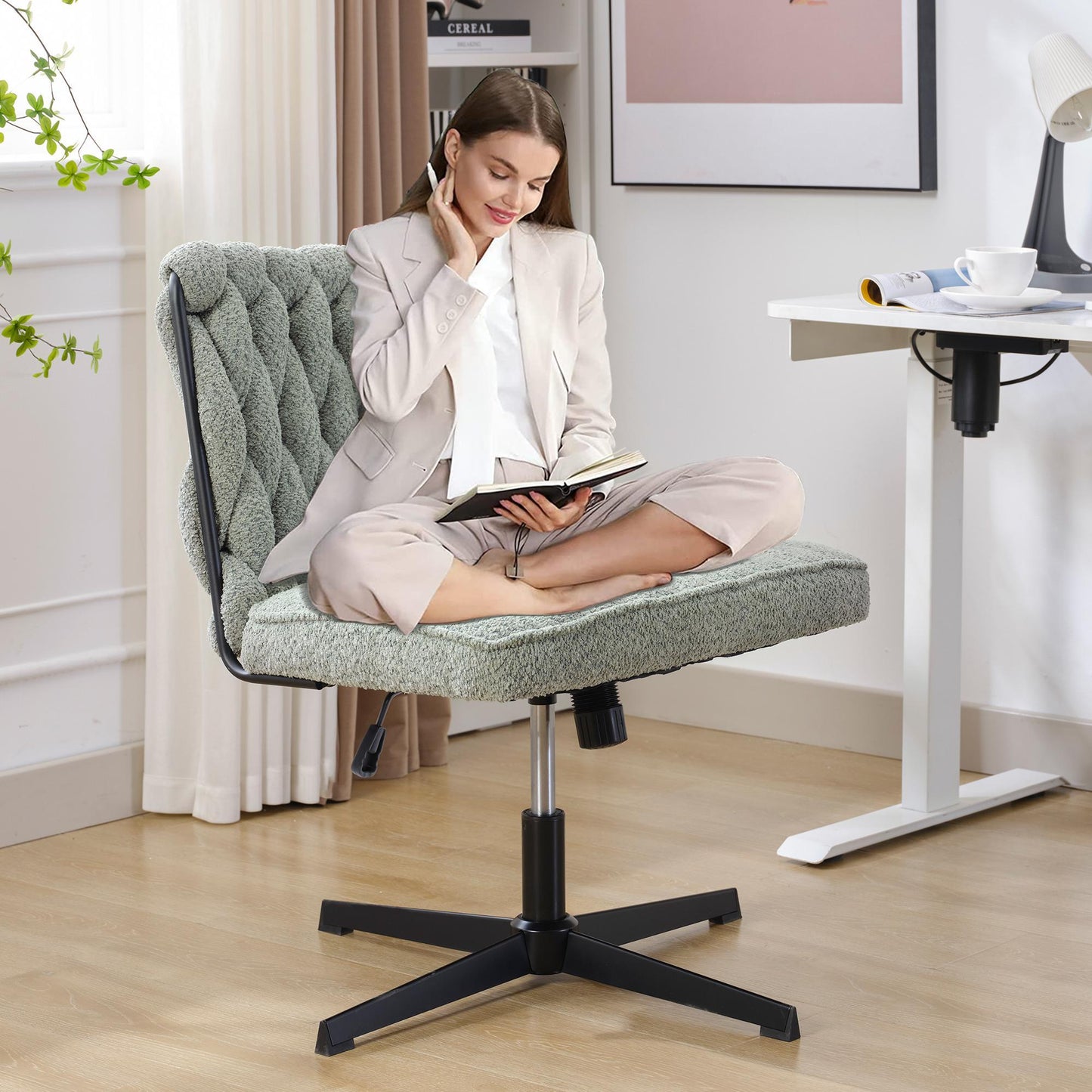 Armless Office Chair no Wheels, Ergonomic Wide Seat Swivel Desk Chair, Height Adjustable Cross Legged Comfortable Computer Chair for Living Room, Van - FurniFindUSA