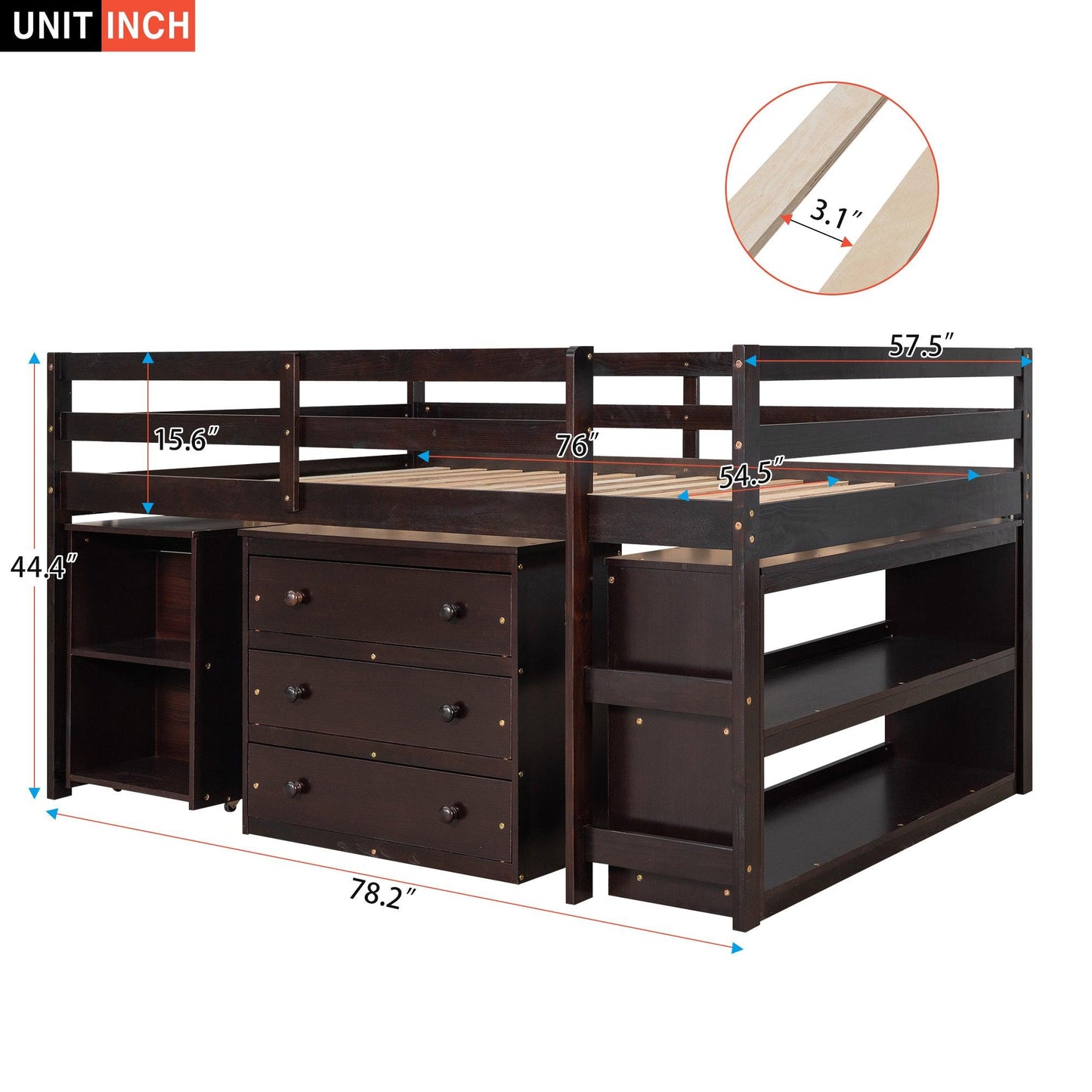 Low Study Full Loft Bed with Cabinet Shelves and Rolling Portable Desk Multiple Functions Bed- Espresso - FurniFindUSA