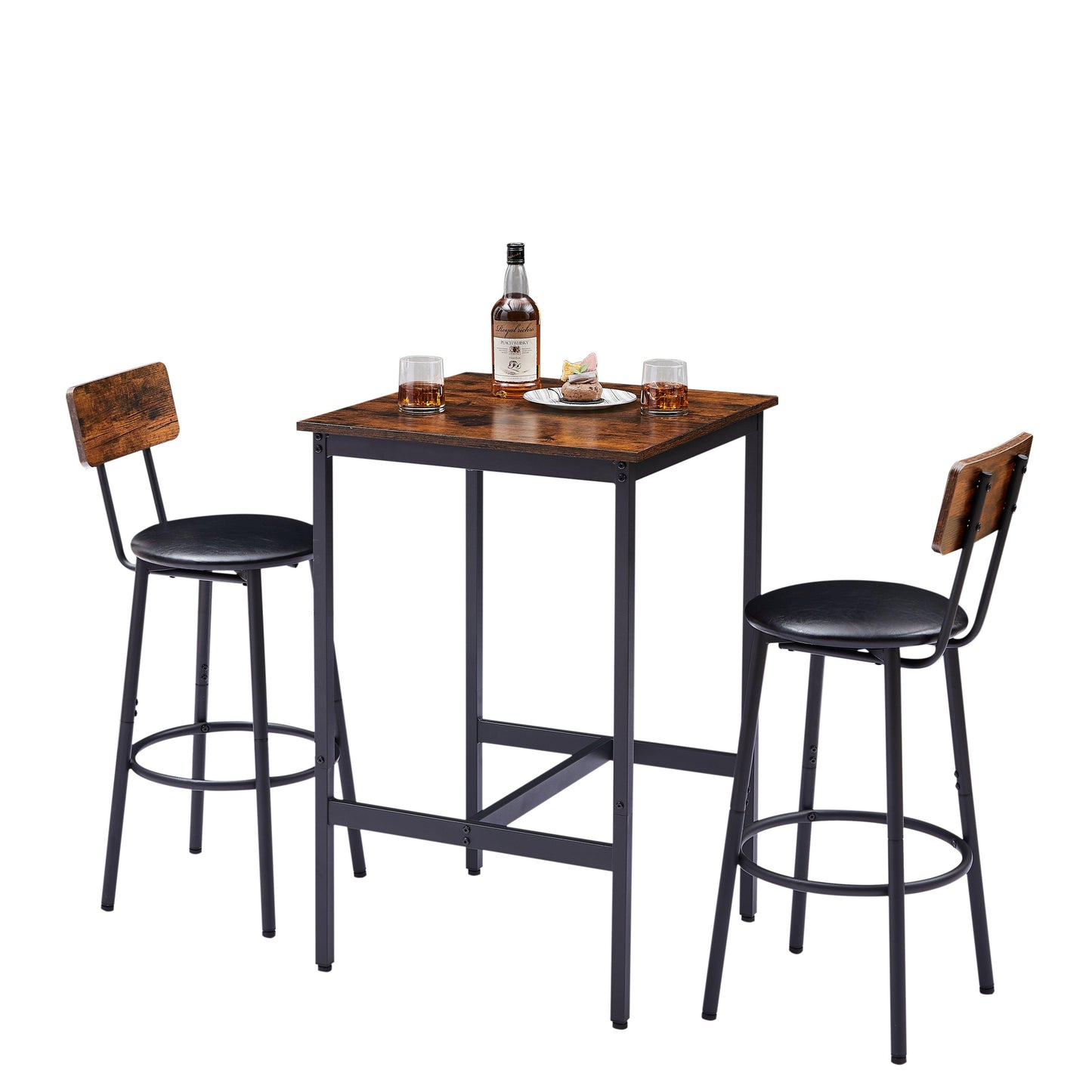 Bar Table Set with 2 Bar stools PU Soft seat with backrest Rustic Brown 23.62'' W x 23.62'' D x 35.43'' H - FurniFindUSA