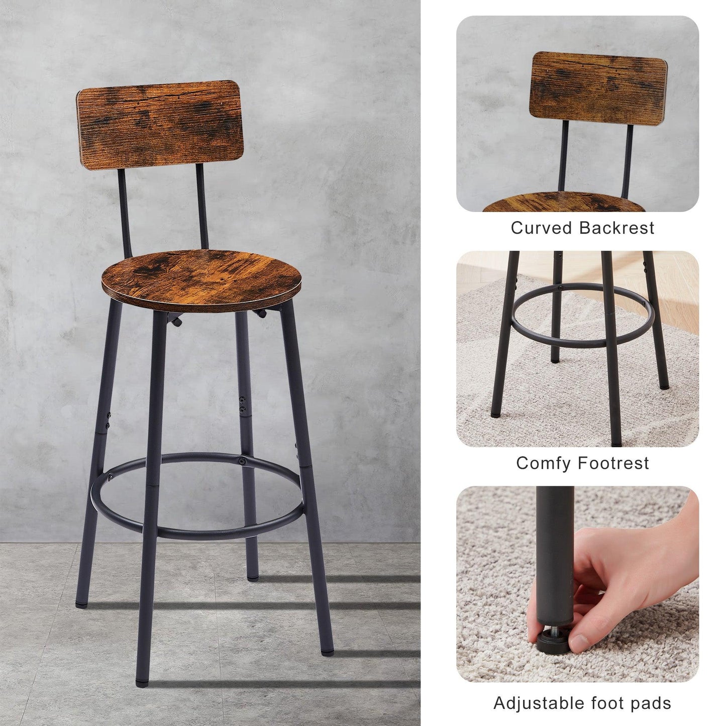 Round bar stool set with shelves stool with backrest Rustic Brown 23.6'' Dia x 35.4'' H - FurniFindUSA