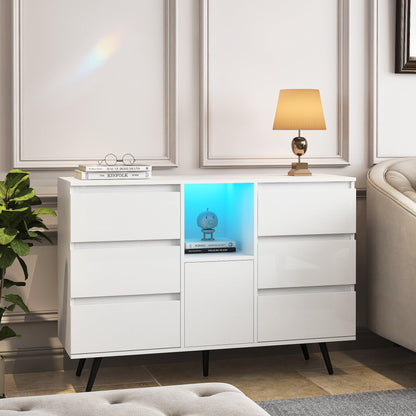 Living Room Sideboard Storage Cabinet White High Gloss with LED Light - FurniFindUSA