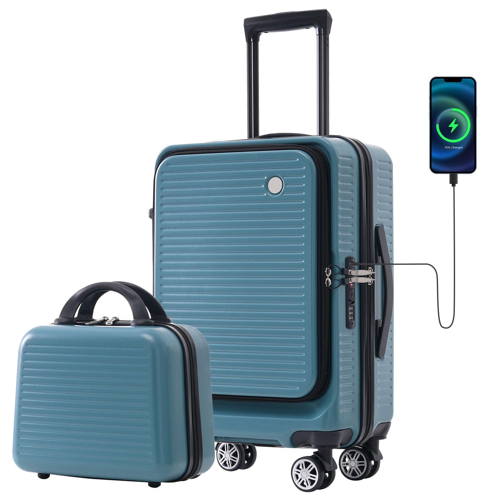 Carry-on Luggage 20 Inch Front Open Luggage Lightweight Suitcase with Front Pocket and USB Port, 1 Portable Carrying Case Blue - FurniFindUSA