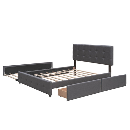 Upholstered Platform Bed with 2 Drawers and 1 Twin XL Trundle Linen Fabric Queen Size - Dark Gray - FurniFindUSA