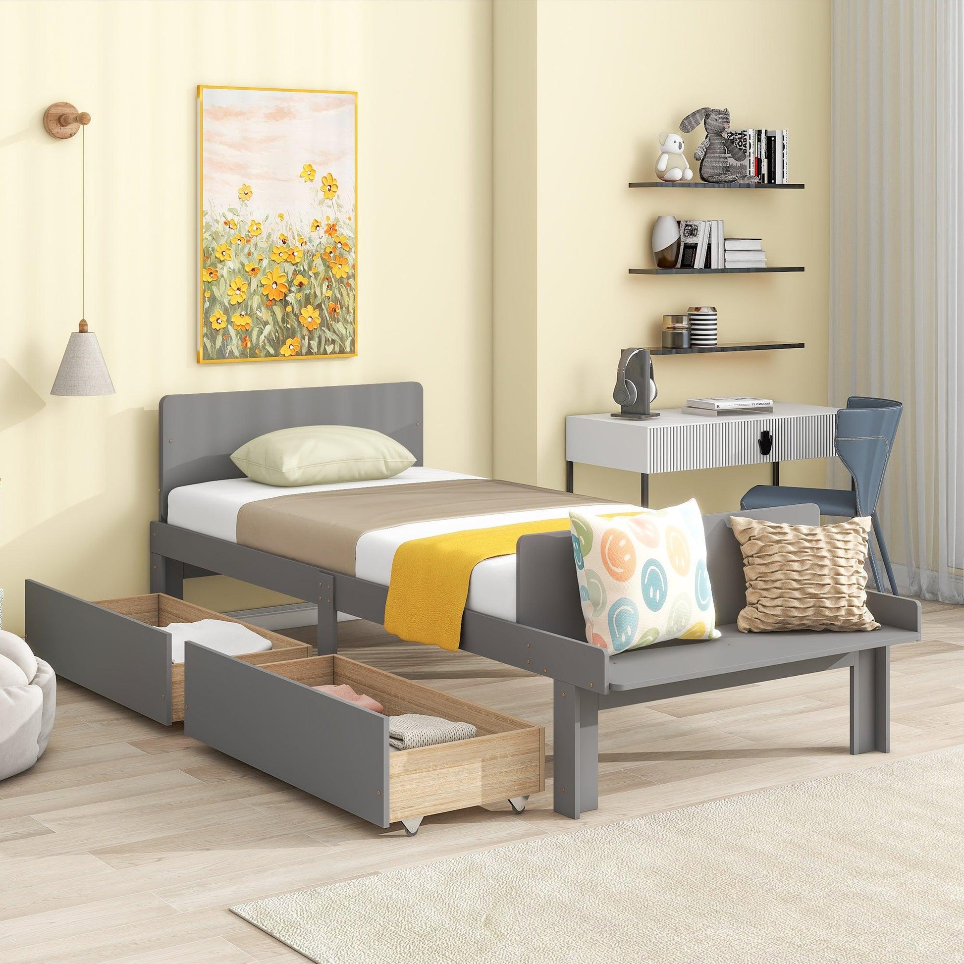 Twin Bed with Footboard Bench 2 drawers Grey - FurniFindUSA
