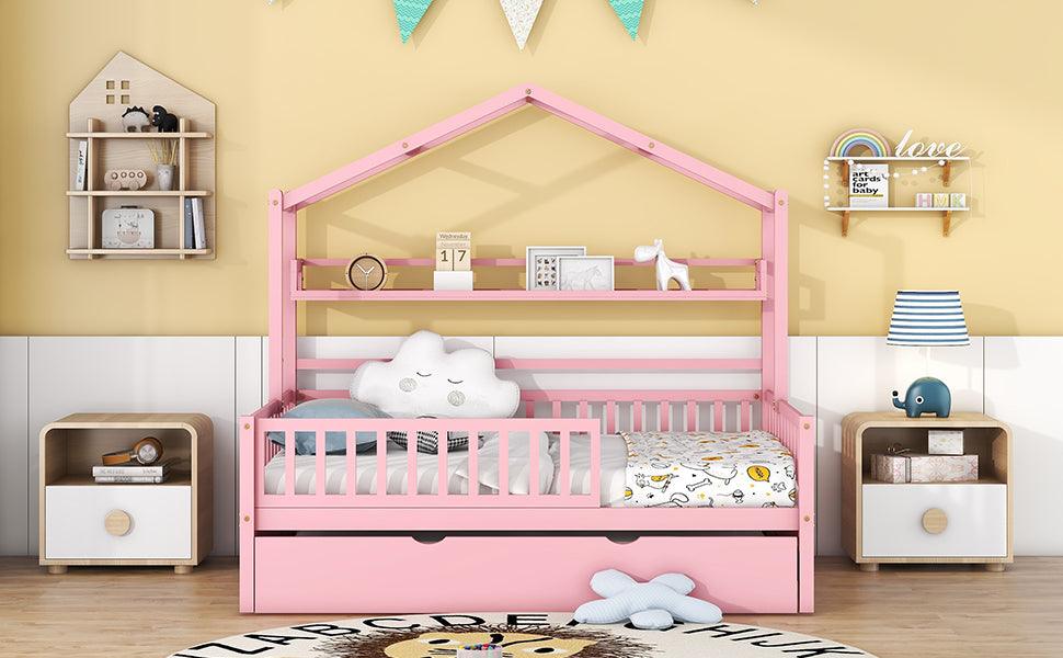 Wooden Full Size House Bed with Twin Size Trundle Kids Bed with Shelf Pink - FurniFindUSA