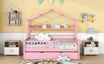 Wooden Full Size House Bed with Twin Size Trundle Kids Bed with Shelf Pink - FurniFindUSA