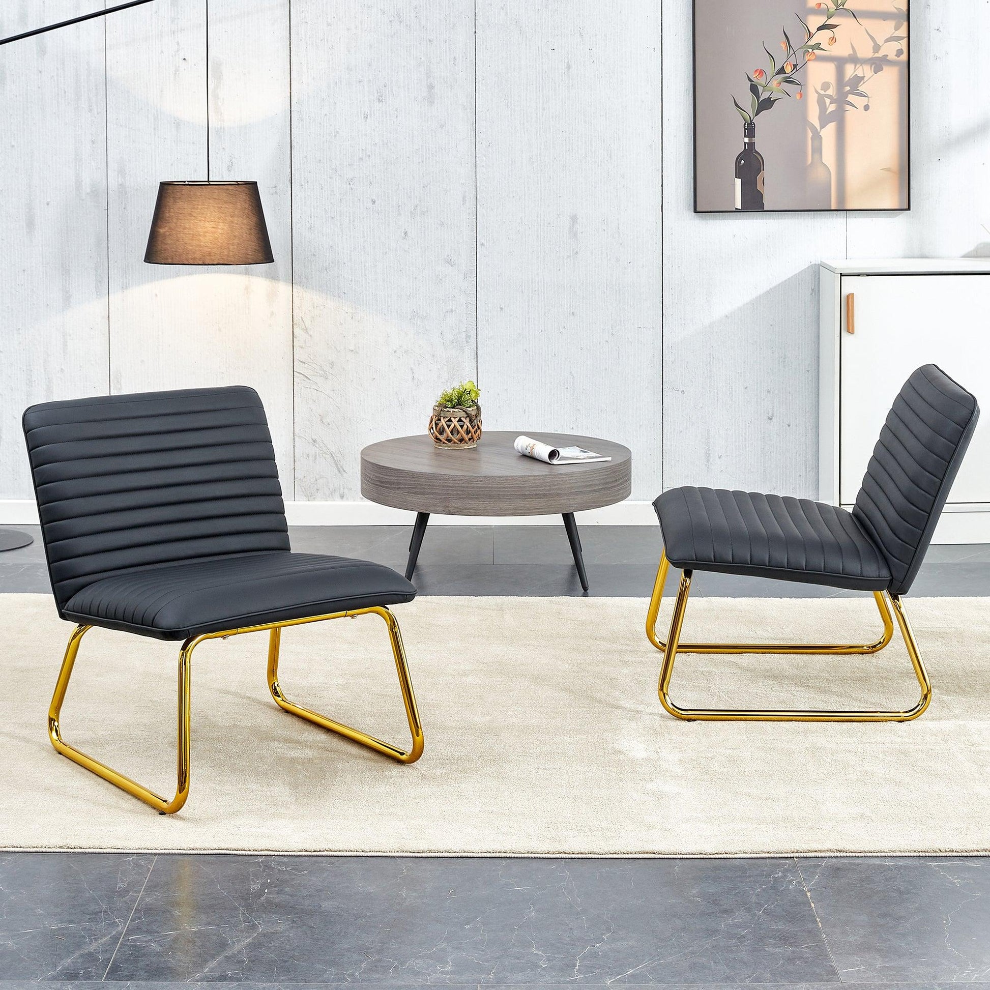 Black minimalist armless sofa chair with PU backrest and golden metal legs suitable for offices restaurants - FurniFindUSA