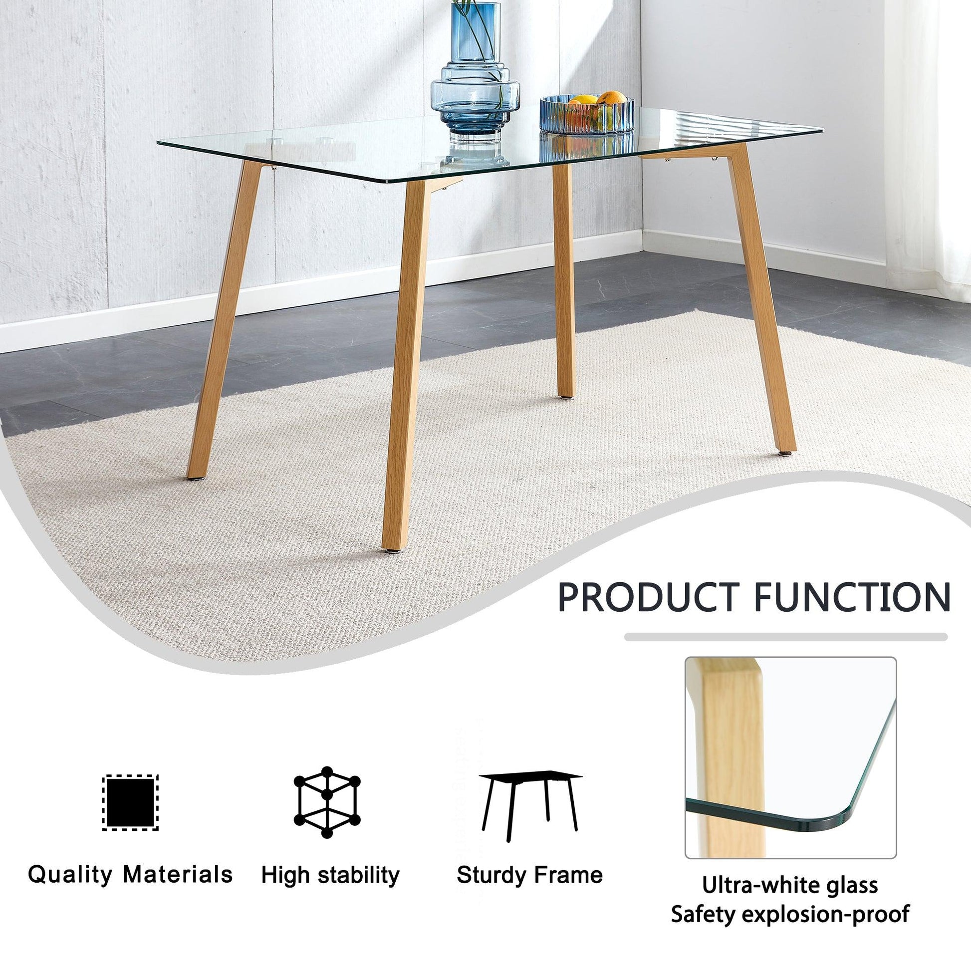 Glass dining table modern minimalist rectangle suitable for 4-6 people equipped with 0.31 "tempered glass tabletop - FurniFindUSA