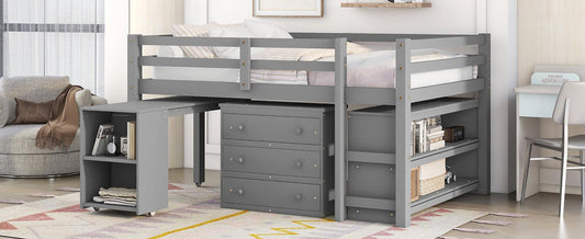 Low Study Full Loft Bed with Cabinet Shelves and Rolling Portable Desk Multiple Functions Bed- Gray - FurniFindUSA