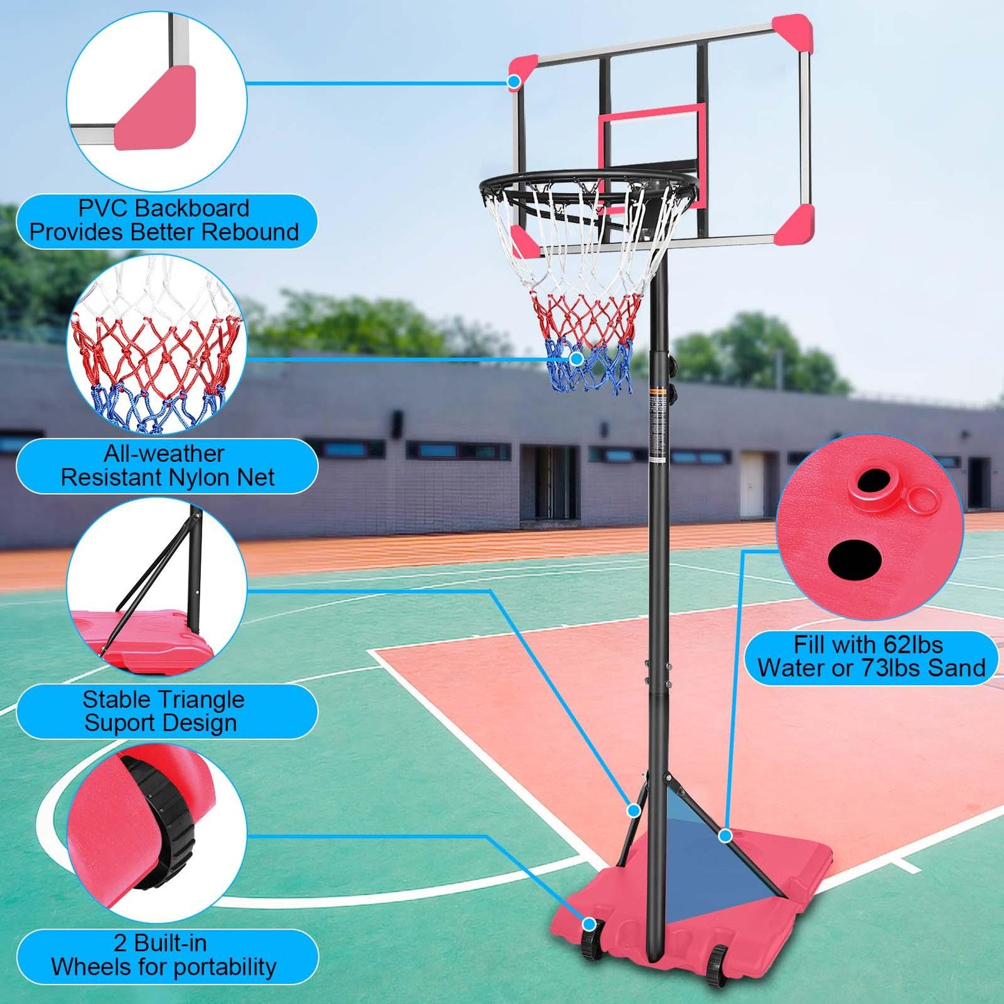 Portable Basketball Goal System with Stable Base and Wheels use for Indoor Outdoor teenagers youth - FurniFindUSA