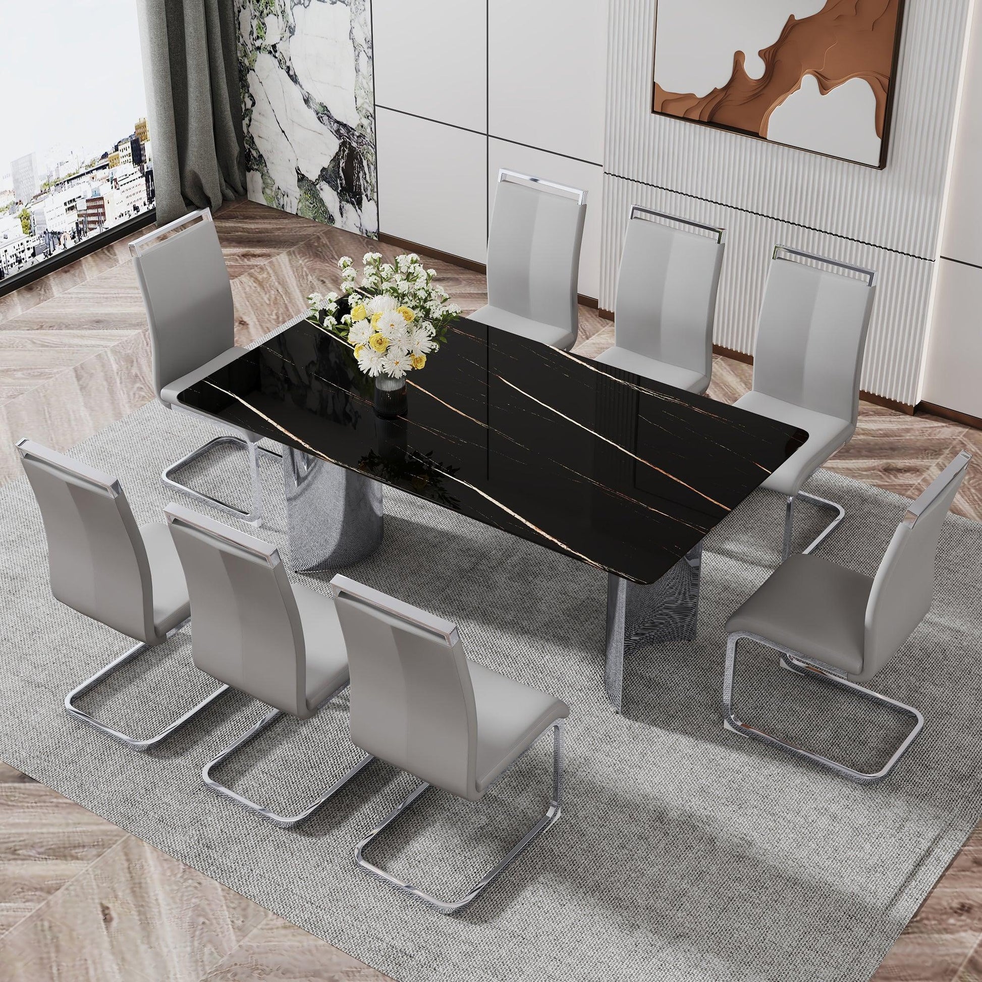 Modern minimalist dining table The black imitation marble glass desktop is equipped with silver metal legs - FurniFindUSA