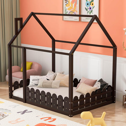 (Slats are not included)Full Size Wood Bed House Bed Frame with Fence for Kids Teens Girls Boys (Espresso ) - FurniFindUSA