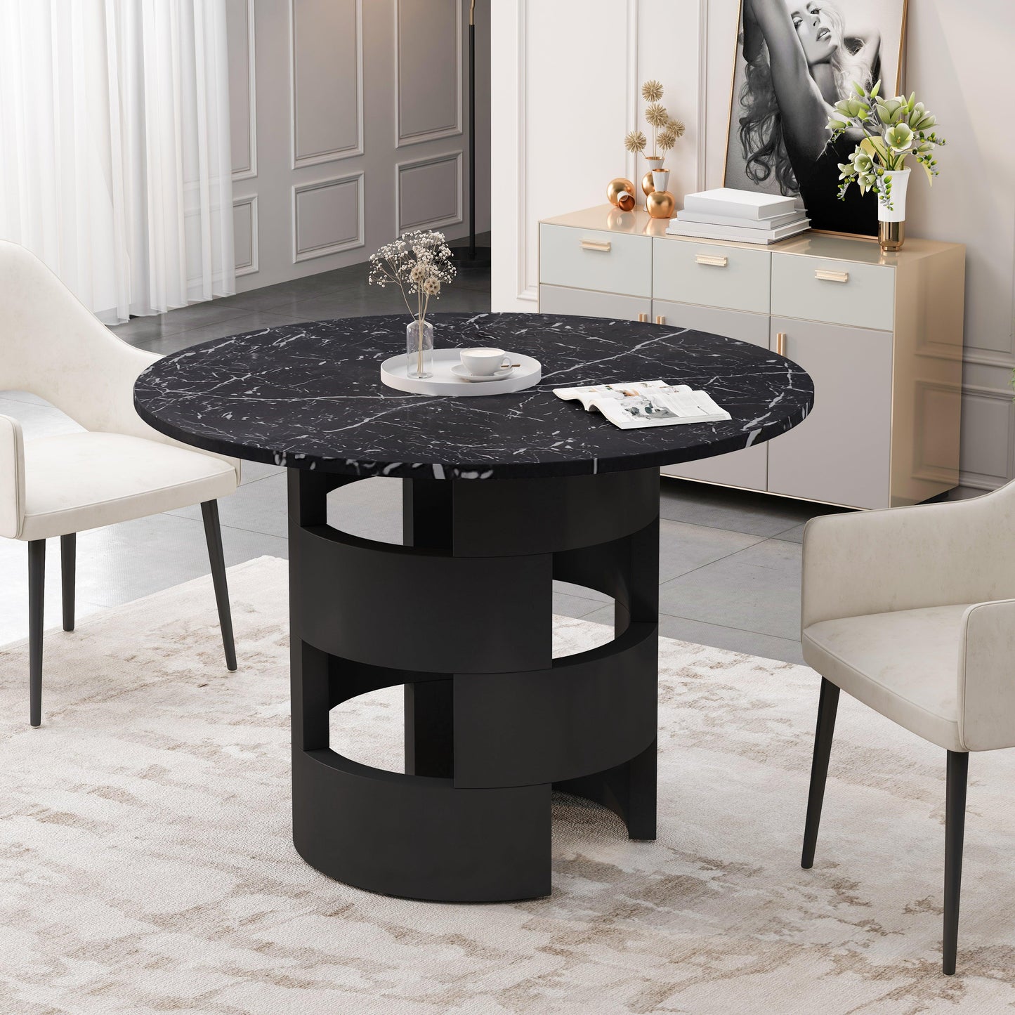 42.12"Modern Round Dining Table with Printed Black Marble Table Top for Dining Room - FurniFindUSA