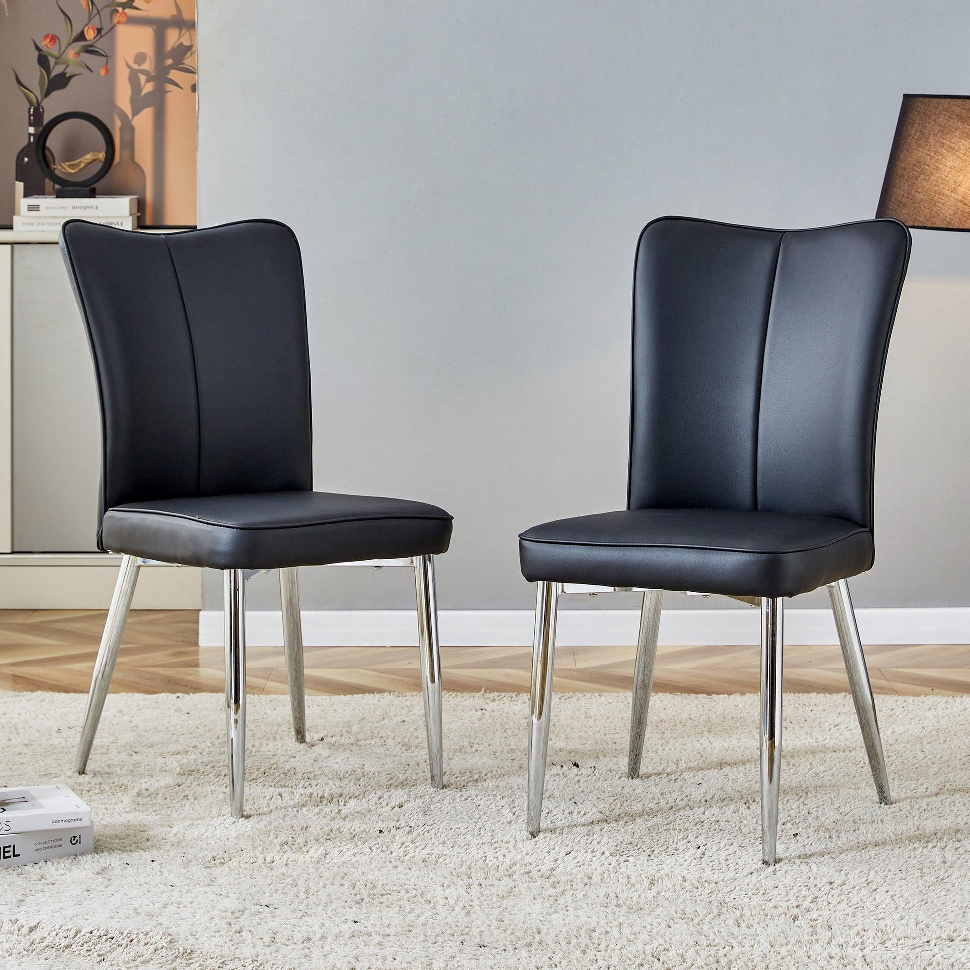 Modern minimalist dining chairs black PU leather curved backrest and cushion black metal semi matte chair legs - FurniFindUSA