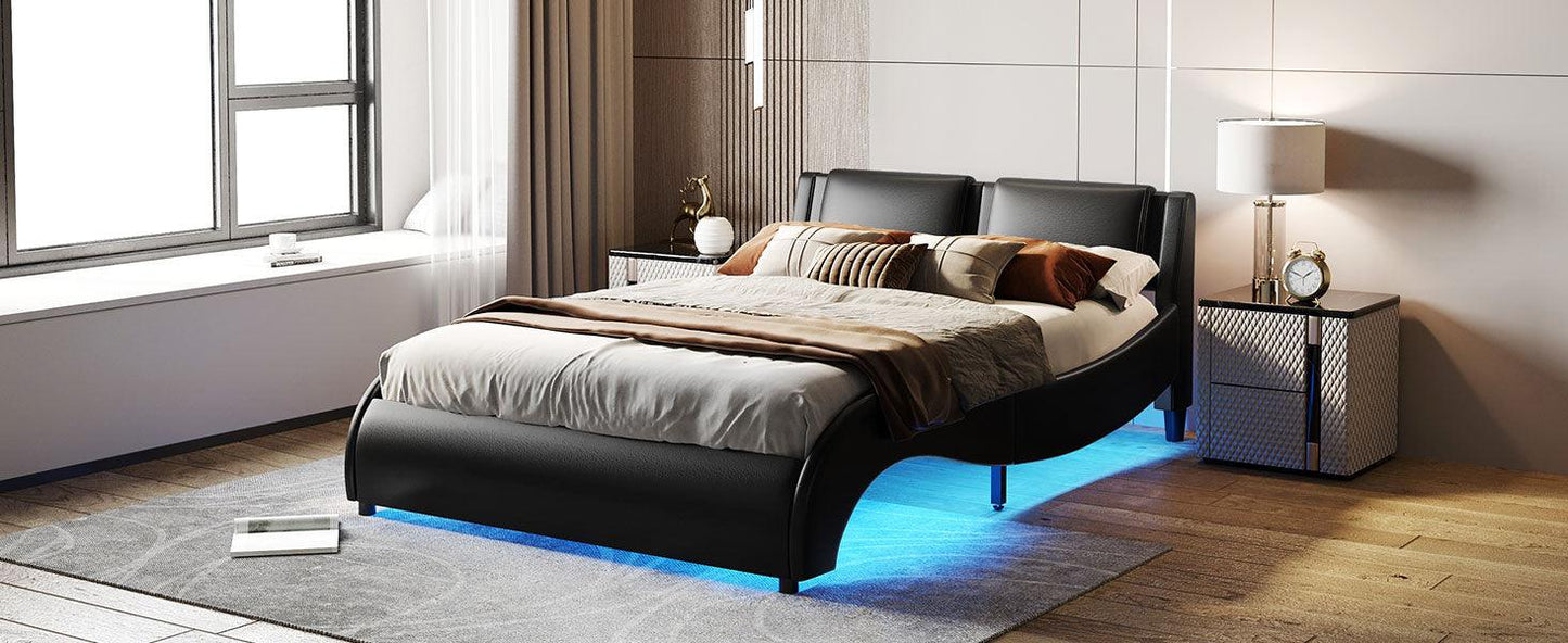 Queen Size Upholstered Faux Leather Platform Bed with LED Light Bed Frame with Slatted - Black - FurniFindUSA