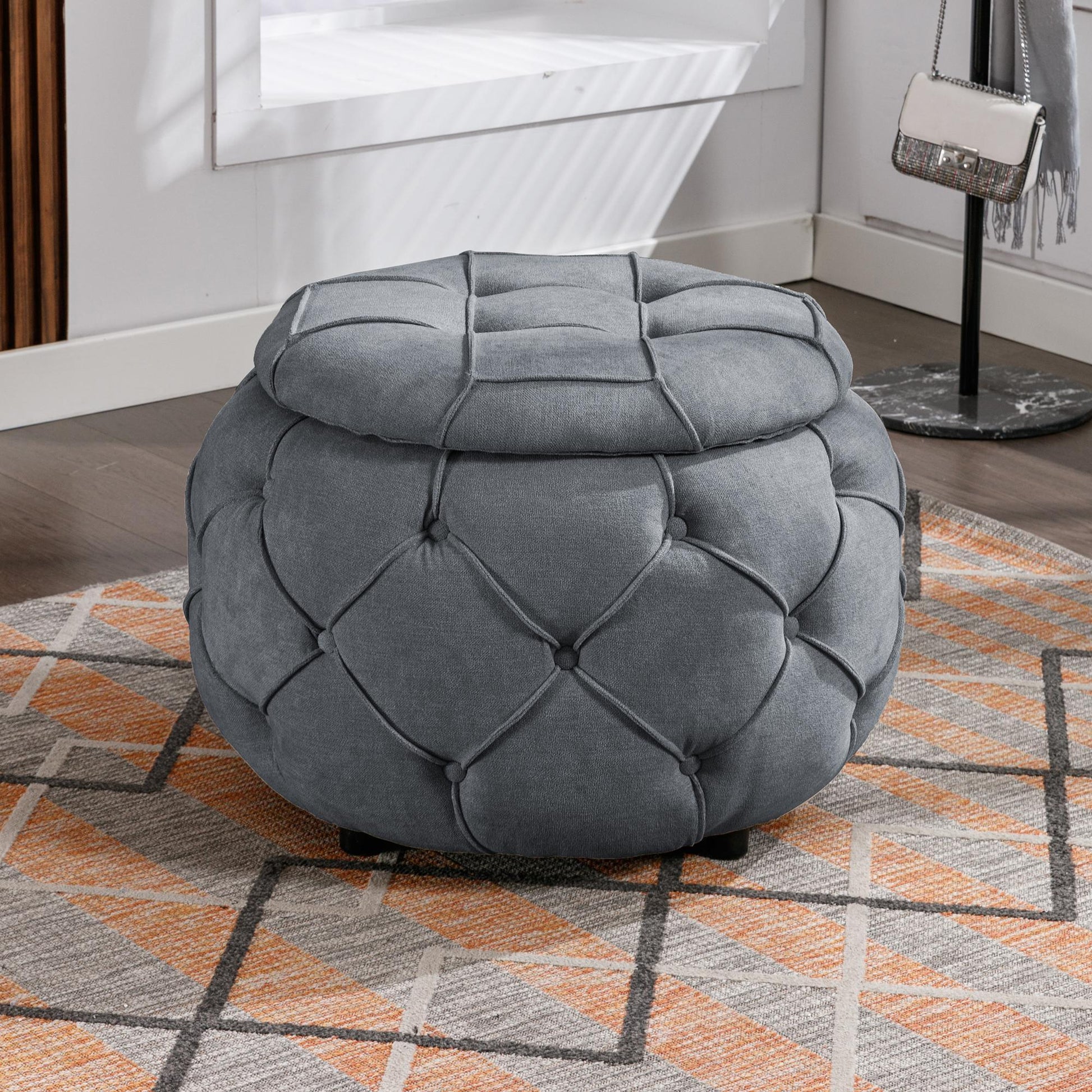 Large Button Tufted Woven Round Storage Footstool。Suitable for living room, bedroom, study - FurniFindUSA