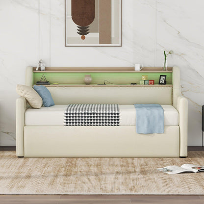 Twin Size Daybed with Hydraulic Storage Upholstered Daybed with Lift Up Storage Beige - FurniFindUSA