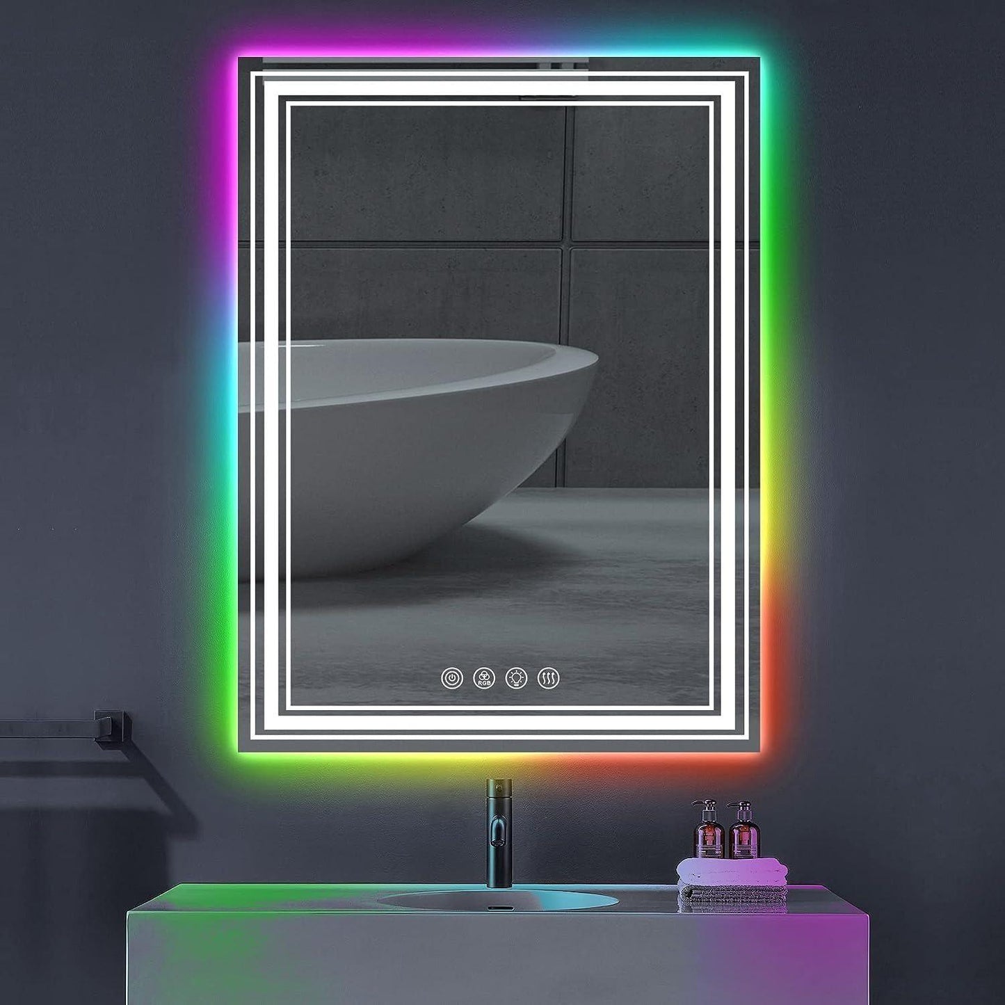 20*28 in Anti-Fog Smart Touch Mirror RGB LED Bathroom Mirror with Backlit Color Changing and 3 Front Lighting - FurniFindUSA