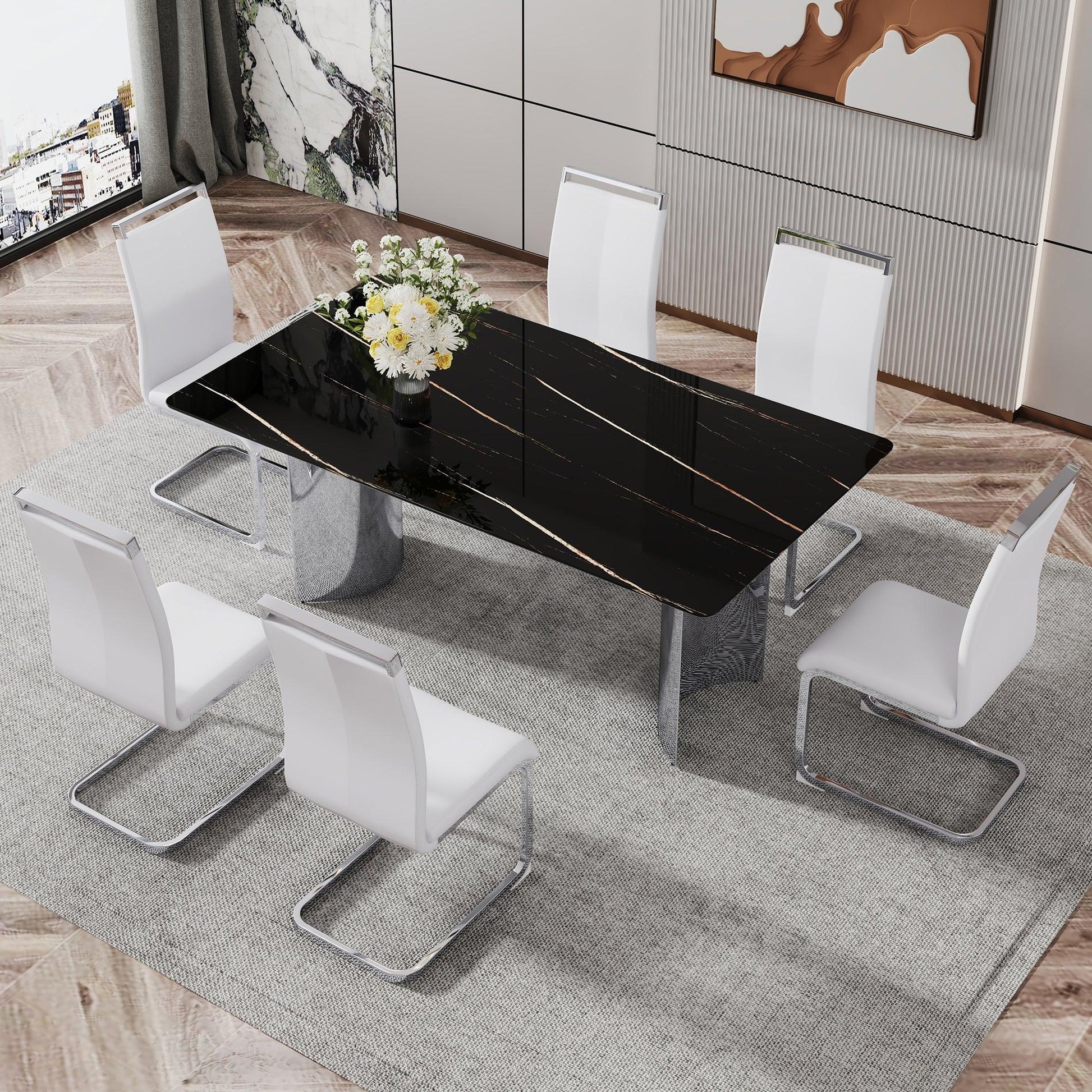 Modern minimalist dining table The black imitation marble glass desktop is equipped with silver metal legs - FurniFindUSA