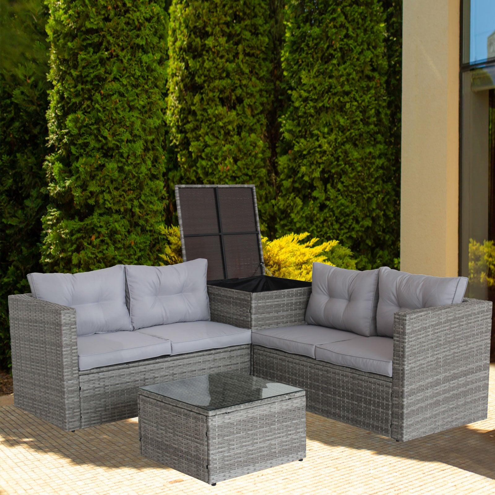 4 Piece Patio Sectional Wicker Rattan Outdoor Furniture Sofa Set with Storage Box Grey - FurniFindUSA