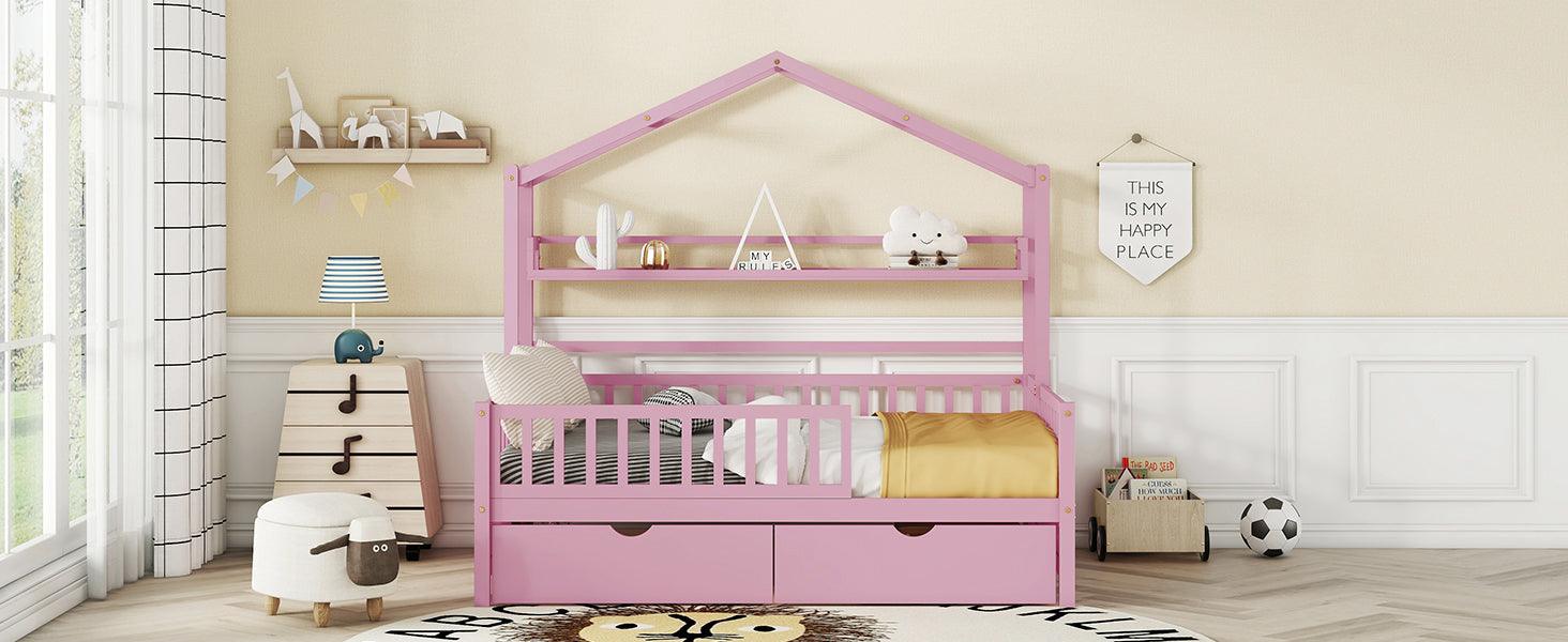 Wooden Full Size House Bed with 2 Drawers Kids Bed with Storage Shelf Pink - FurniFindUSA