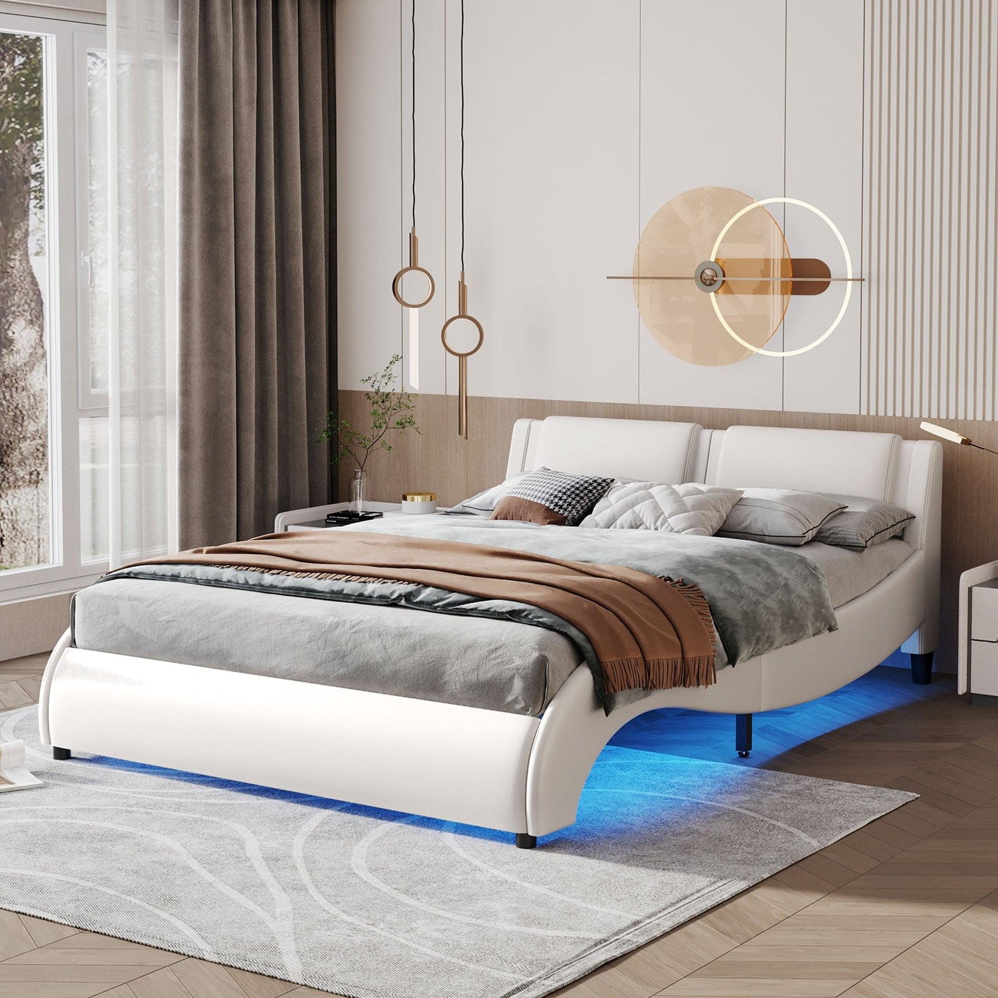 Queen Size Upholstered Faux Leather Platform Bed with LED Light Bed Frame with Slatted - White - FurniFindUSA