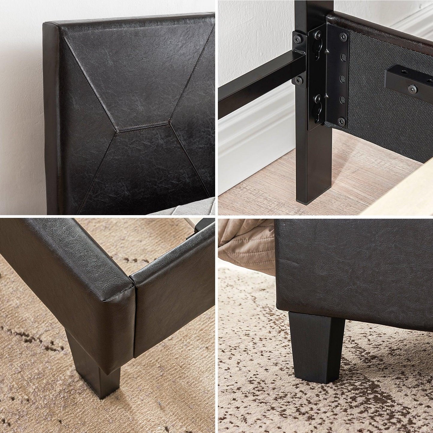 Queen Size Upholstered Platform Bed Frame Wood Slat Support Easy Assembly Black pu - FurniFindUSA