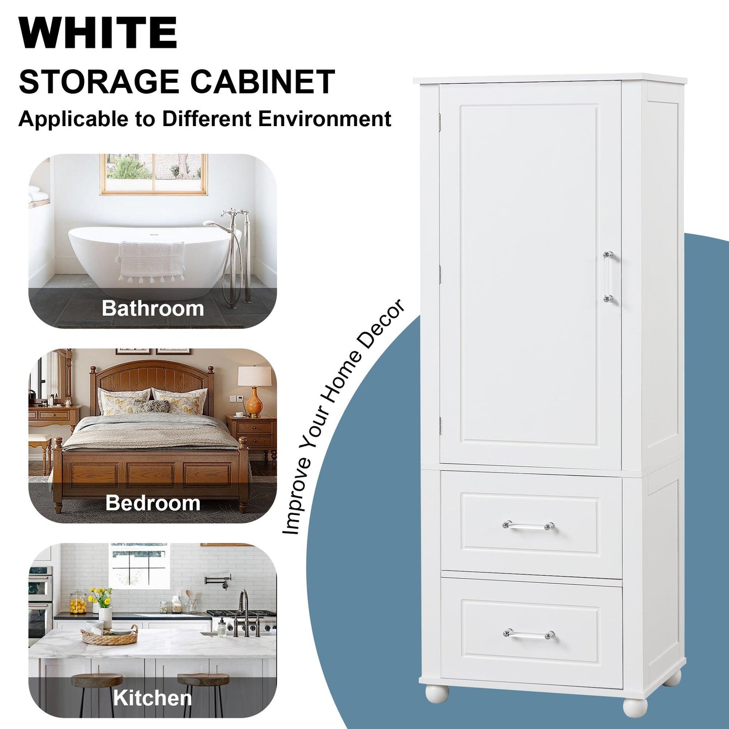 Tall bathroom storage cabinet with two drawers and adjustable shelves for independent storage - FurniFindUSA