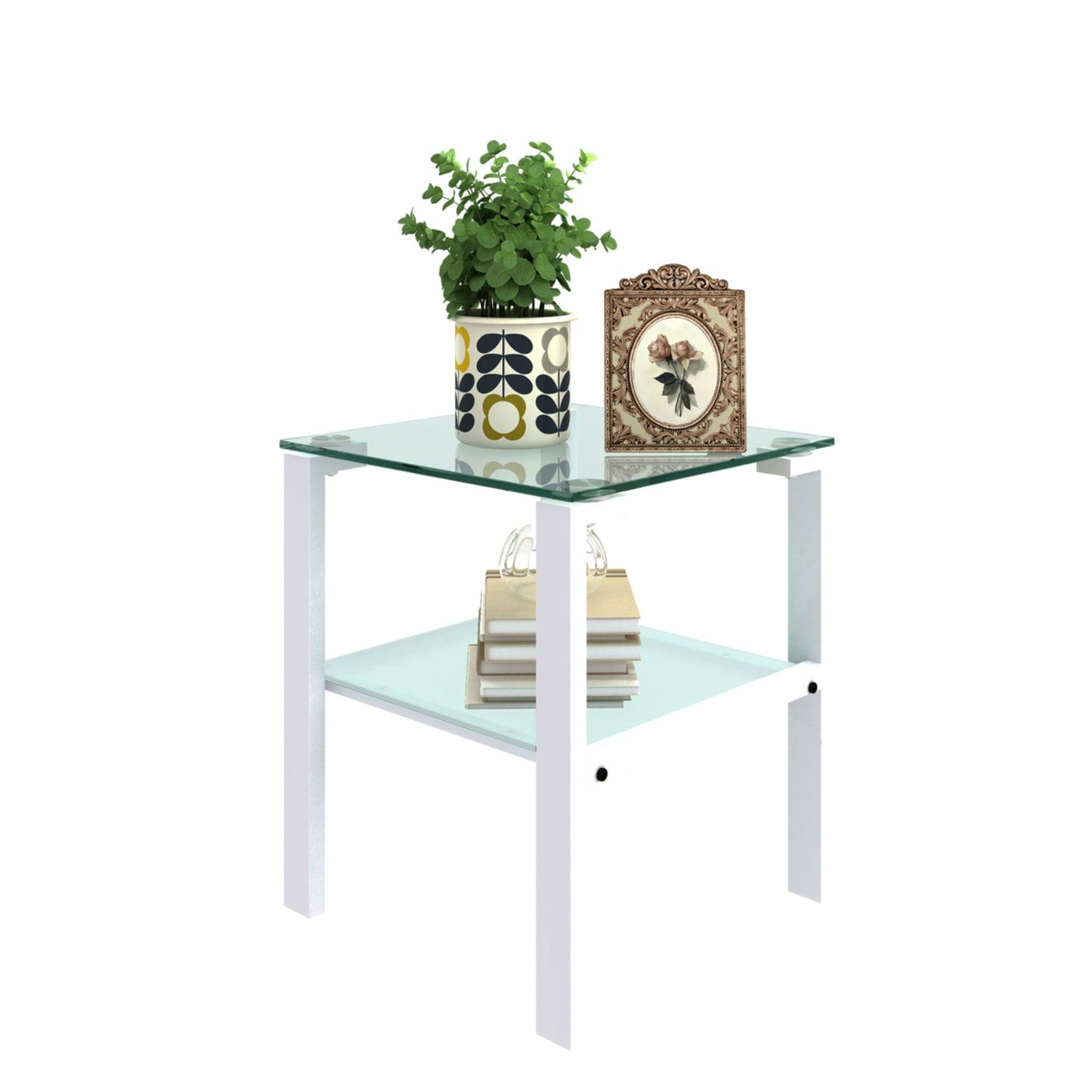 Glass two layer tea table small round table bedroom corner table living room white side table(White) - FurniFindUSA