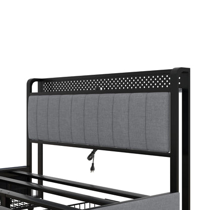 Queen Bed Frame with LED Headboard Upholstered Bed with 4 Storage Drawers and USB Ports Light Grey - FurniFindUSA