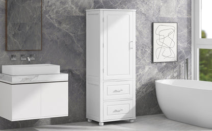 Tall bathroom storage cabinet with two drawers and adjustable shelves for independent storage - FurniFindUSA